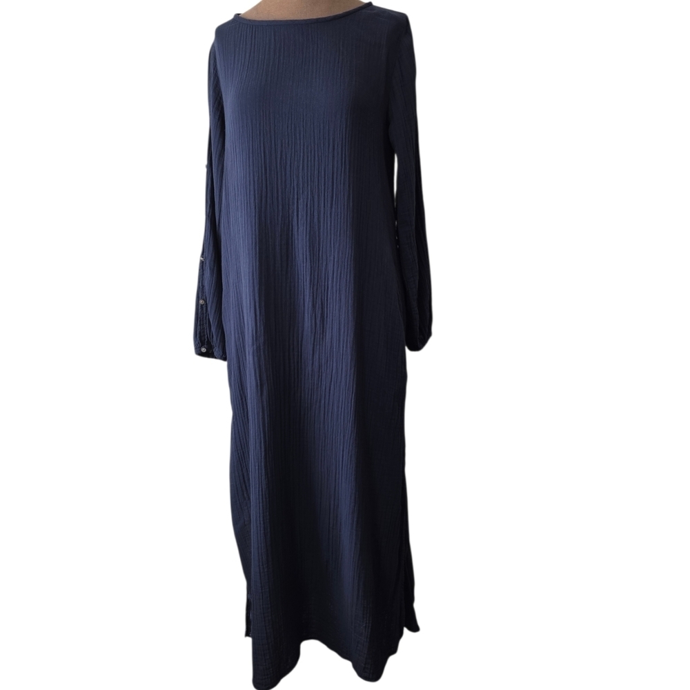 Xirena Dress Navy Size Med Maxi Length Slit Sides Long Sleevs 100% Cotton Boho